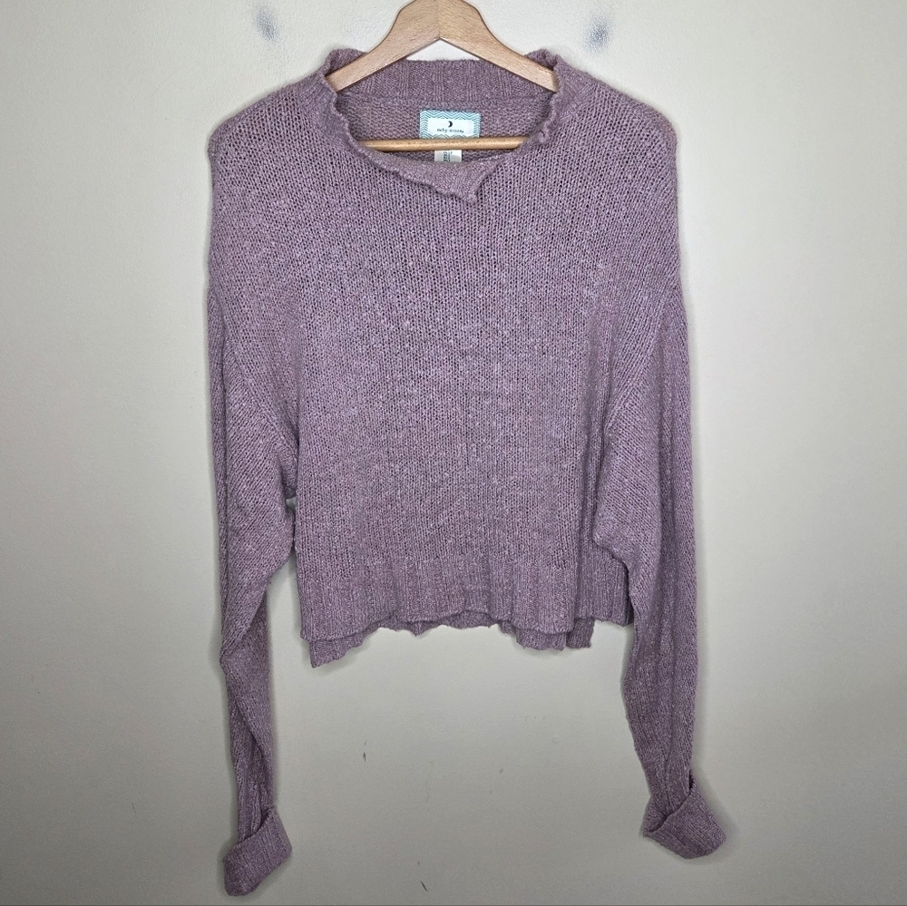 Ruby Moon Mauve Pink Notched Neck Sweater Ribbed Hem Cuffed Sleeves Size Small
